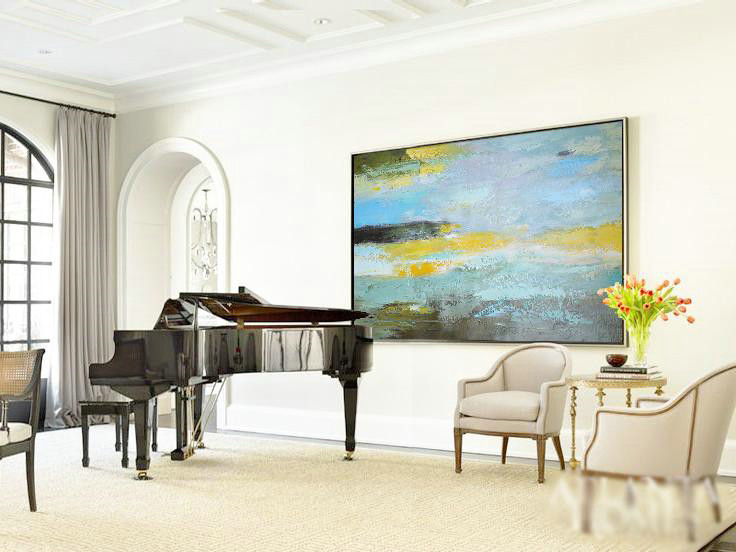 Handmade Extra Large Contemporary Painting,Horizontal Palette Knife Contemporary Art,Large Paintings For Living Room,Yellow,Grey,Purple.etc